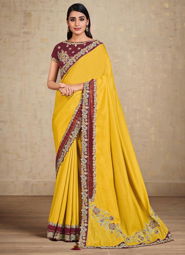 Tusser Silk Yellow Party Wear Embroidery Work Saree